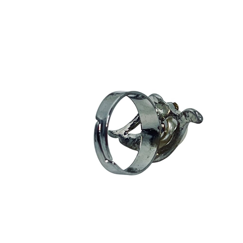 Adjustable Silver Tone Faux Pearl And Clear Rhinestone Statement Ring (R452) - Picture 6 of 6